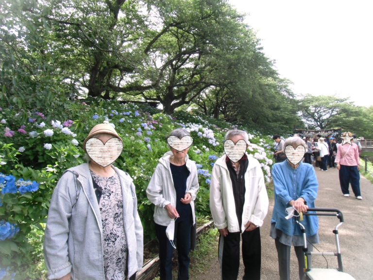 施設利用者が紫陽花が咲く庭園を散策・観賞している風景。入居者の生活活動を示す実写真。